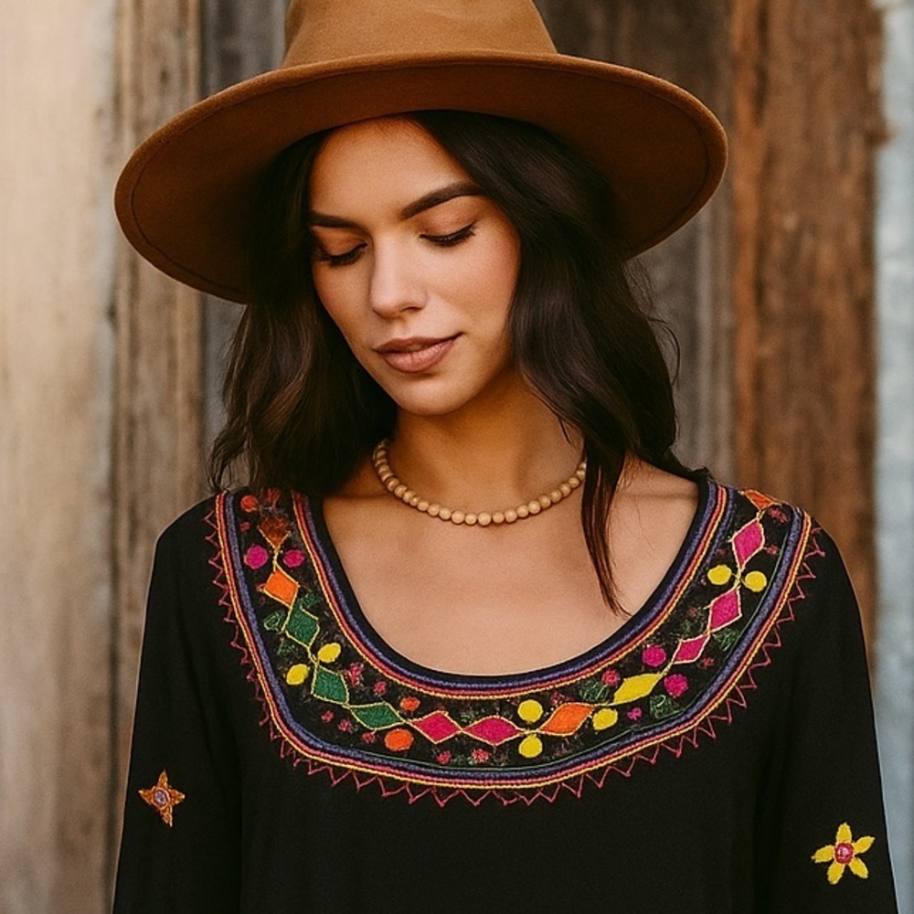 Poetic Threads black embroidered dress caftan size S/M - Picture 7 of 7